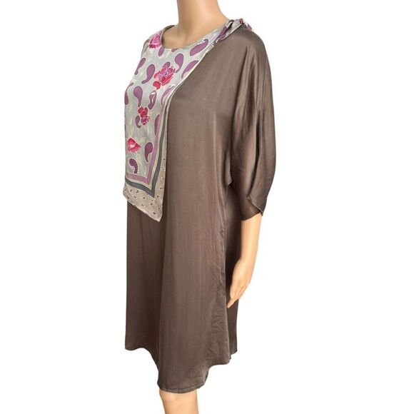 100% silk brown tunic blouse dress attached paisley scarf size L - Picture 2 of 7